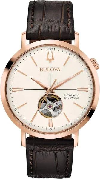 Bulova Classic Automatic White Dial Black Leather Mens Watch 97A136