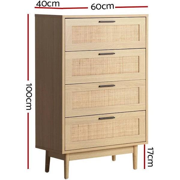 4 Chest of Drawers Rattan Tallboy Cabinet Bedroom Clothes Storage Wood