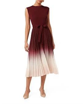 Forever New Elsie Ombre Pleated Midi Dress in Berry Ombre, Size 14 AU