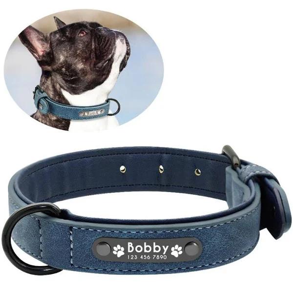 Personalized Genuine Leather Dog Collars Inner Padded with Engraving Nameplate, Dark Blue / XL / Without Leash