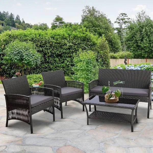 4 Pcs Outdoor Furniture Lounge Setting Wicker Dining Set Grey