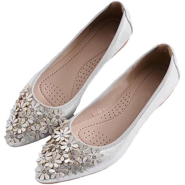 Lookbook Women Flat Shoes Flower Rhinestone Sparkly Slip Ons Shoes-Silver2 - 39 - AfterPay & zipPay Available