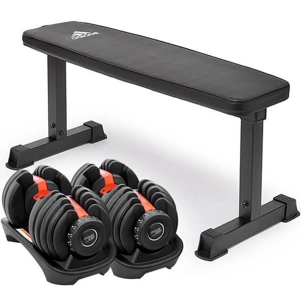 2x Powertrain 24kg Adjustable Dumbbell Home Gym w/ 10437 Adidas Bench