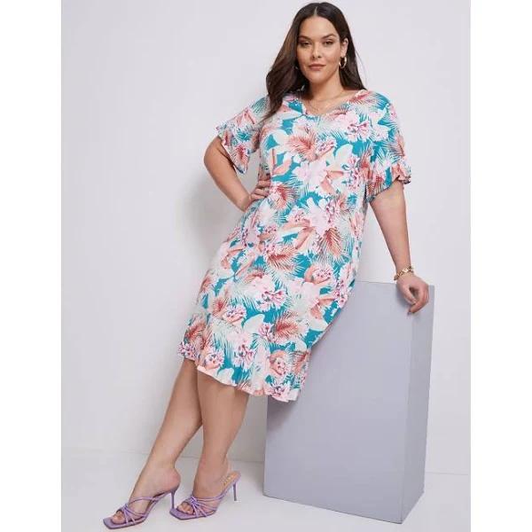 Autograph Woven Short Sleeve Flounce Shift Dress Tropical Floral - Plus Size - 20 - AfterPay & Klarna Available