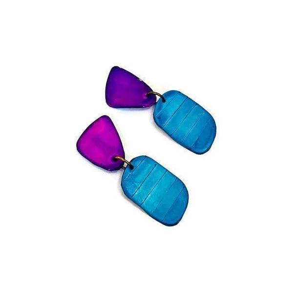 Small Colorful Drop Dangles Post or Clip Ons- Alex Purple/Turquoise / Clip On Earrings