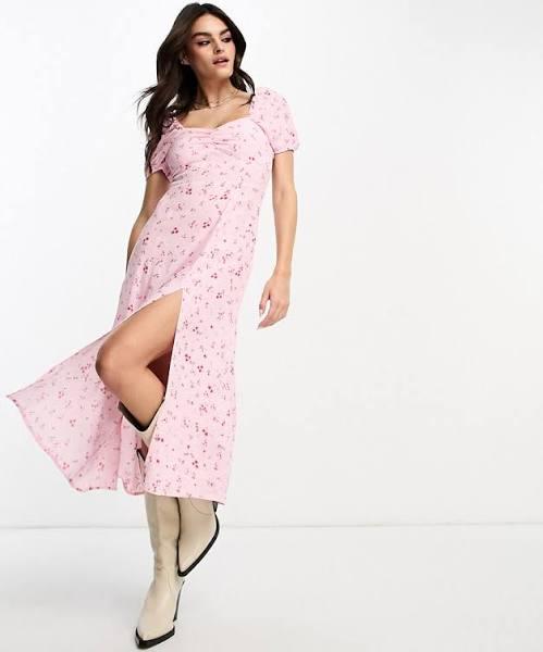 & Other Stories Puff Sleeve Midi Dress in With Split in Pink Floral