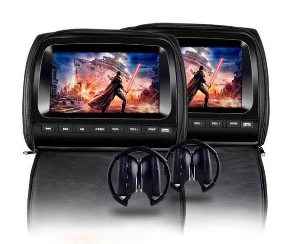 Elinz 2x 9" Headrest DVD Player Car Monitor Pillow Games 1080P USB Sony Lens Black