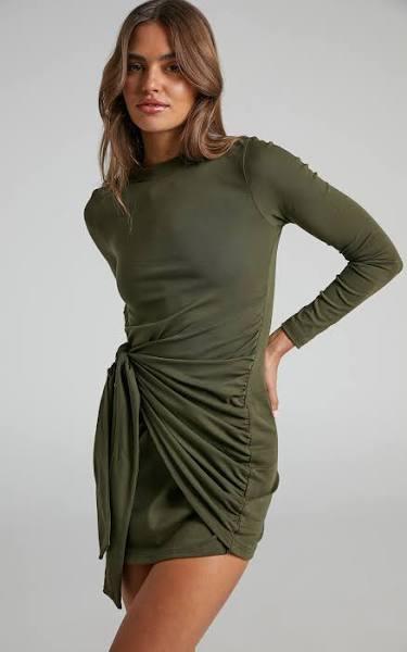 Marleen Wrap Front Long Sleeve Bodycon Mini Dress in Khaki - Showpo Basic Dresses - 16 (XXL) | Cyber Monday Sale