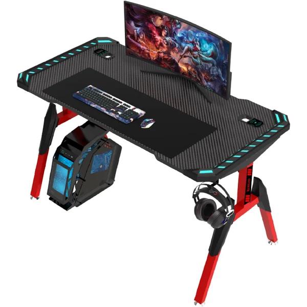 Odyssey8 1.4m Gaming Desk Office Table Desktop With LED Feature Light and USB & Wireless Charger - Red