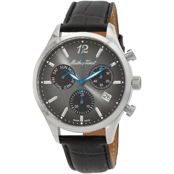 Mathey-Tissot Urban Chrono Chronograph Quartz Black Dial Men's Watch H411CHALN, Quartz Movement, Leather Strap, 42 mm Case in Black / Blue