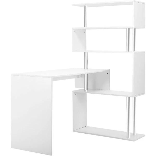 L-shaped Rotating Home Office Desk Corner PC Computer Table w/ Hutch 4 Tier Bookshelf Storage White