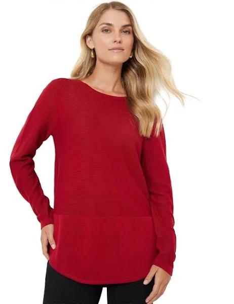 Noni B - Womens Summer Tops - Red Basic - Cotton - Vivid - Smart Casual Fashion - Jester - Long Sleeve - Knit - Curved Hem - Everyday Office Outfit S