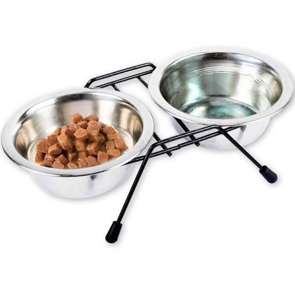 Pet Basic Dog Bowl Elevated 2pce Food/Water 24x11.5cm Stainless Steel Non-slip