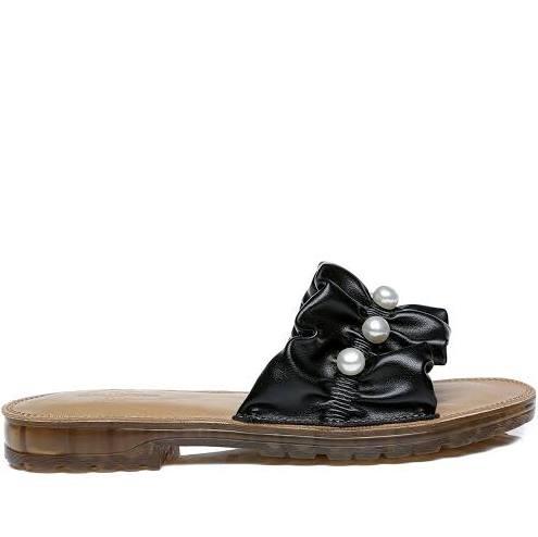 TARRAMARRA Leather Flat Slides Ultra Soft With Pearls Women Linita Black / 36