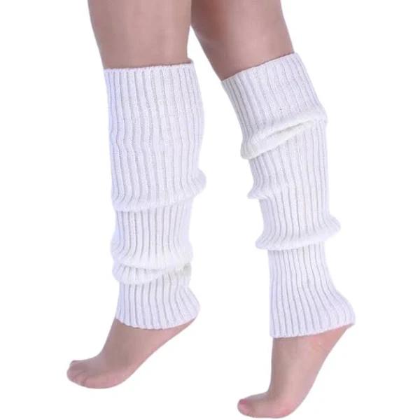 Pair of Womens Leg Warmers Disco Winter Knit Dance Party Crochet Legging Socks Costume - White