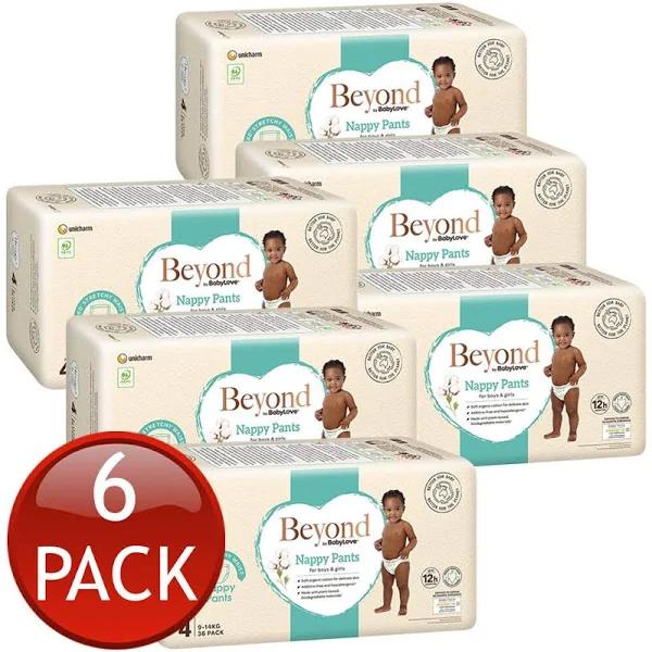 6 X Babylove Beyond Nappy Pants Size 4 Toddler 9-14kg Unisex Nappies