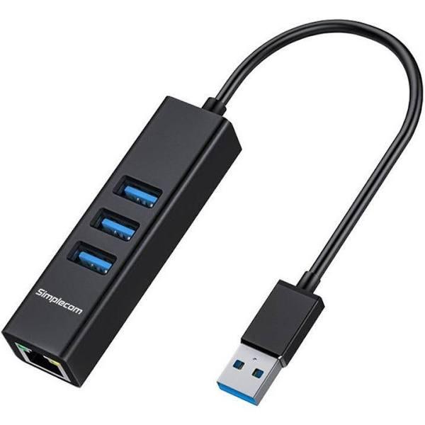 Simplecom CHN420 Black Aluminium 3 Port SuperSpeed USB Hub with Gigabit Ethernet Adapter