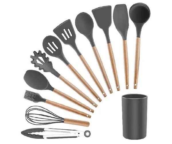 12 Silicone Utensils Set Wooden Handle Cooking Kitchen Tools Baking Cookware