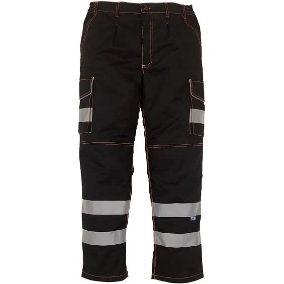 Yoko Mens Hi Vis Polycotton Cargo Trousers with Knee Pad Pockets Black 34L