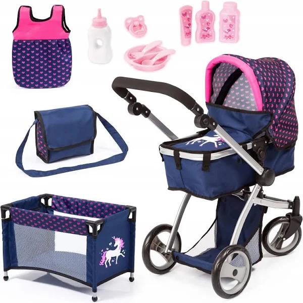 Bayer Milano Doll Pram Mega Set - Dark Blue With Pink Hearts