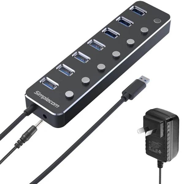 Simplecom CH375PS Aluminium 7 Port USB 3.0 Hub with Individual Switches and Power Adapter