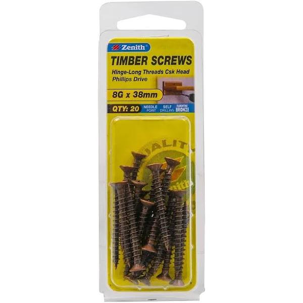 Zenith 8G x 40mm Florentine Bronze Hinge-Long Threads Countersunk Head Timber Screws - 20 Pack