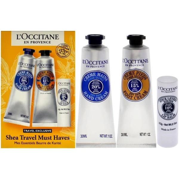 Shea Travel Must Haves Set by LOccitane For Unisex - 3 PC 1oz Shea Dry Skin Hand Cream, 1oz Shea Dry Skin Foot Cream, 0.15oz Shea Butter Ultra Rich