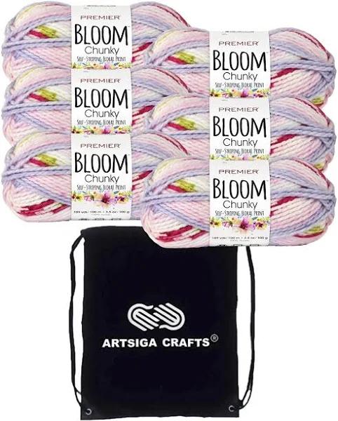 Premier Knitting Yarn Bloom Chunky Hydrangea 1114-01 (6-Skeins) Same Dye Lot Chunky Bulky #5 Soft 100% Acrylic Bundle With 1 Artsiga Craft Bag