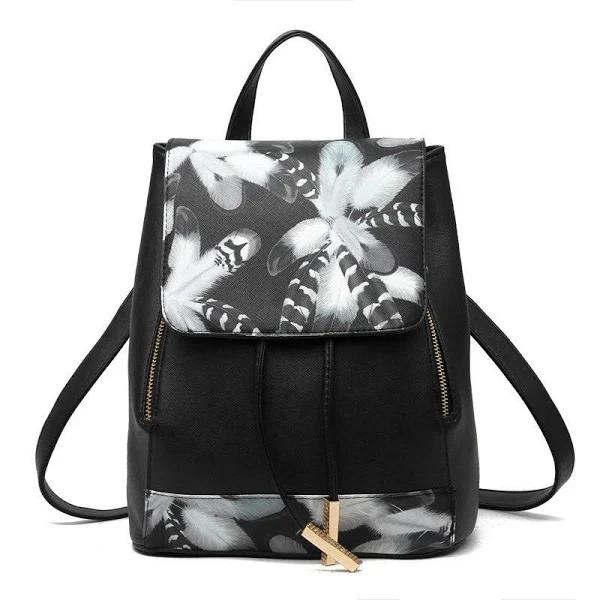 Nevenka Fashion PU Leather Women Backpack Anti-theft Travel Bag-Feather Black - AfterPay & zipPay Available