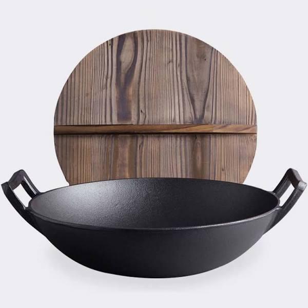 SOGA 2x 36cm Commercial Cast Iron Wok Frypan With Wooden Lid Fry Pan