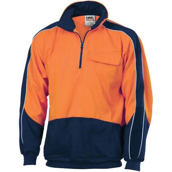 DNC Hi Vis 2 Tone 1/2 Zip Hi-Neck Panel Fleecy Windcheater (3823) S / Orange/Navy