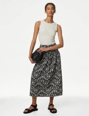 M&S Printed Shirred Midi A-Line Skirt - Ivory Mix - AU 14 (UK 14)