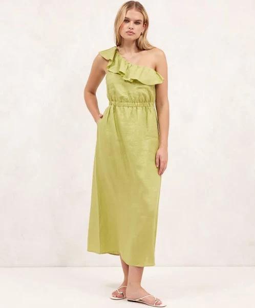 AERE - Women's Green Midi Dresses - Linen One Shoulder Midi Dress - Size 10 at The Iconic