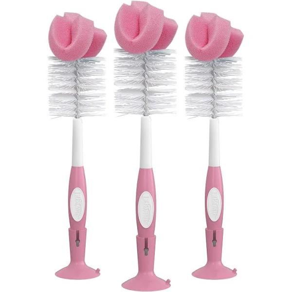 Dr. Brown's Reusable Sponge Baby Bottle Cleaning Brush Set with Suction Cup Stand, Scrubber and Nipple Cleaner, Pink, 3 Pack