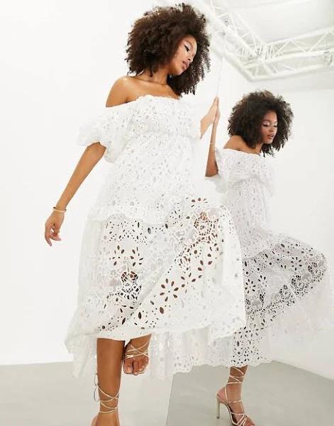 ASOS Edition Blouson Off Shoulder Tiered Broderie Midi Dress in White