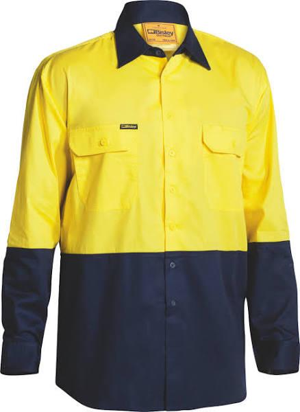 Bisley Hi Vis Cool Lightweight Drill Shirt Long Sleeve, M / Yellow/Navy