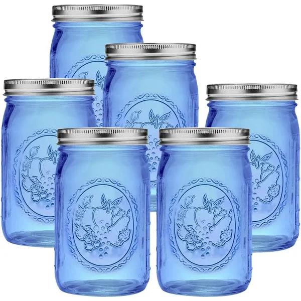 eleganttime Blue Wide Mouth Mason Jars 32 Oz,6 Pack Colored Quart Glass Canning Jars with Airtight Lids For Canning,Pickling,Storage,DIY Crafts &