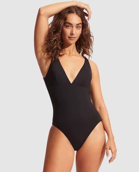 Seafolly V Neck One Piece , Black, Size 8