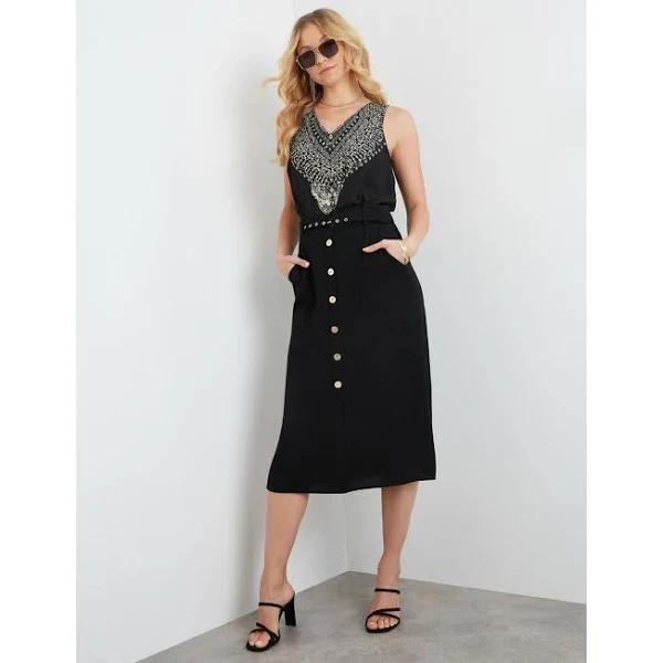 Rockmans - Womens Skirts - Midi - Summer - Black - Linen - A Line - Work Clothes - Relaxed Fit - Buttoned - Belted - Knee Length - Casual Fashion