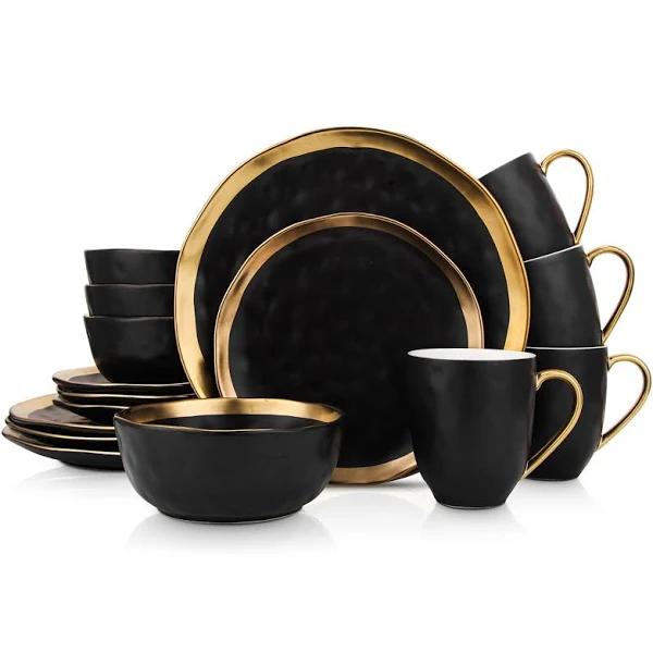 Stone Lain Porcelain 16 Piece Dinnerware Set, Service For 4, Black and Golden Rim