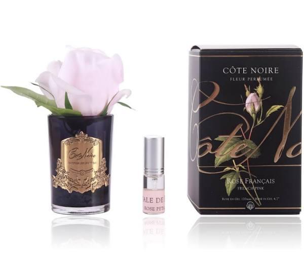 Cote Noire French Pink Rose Bud w/Black & Gold Vase