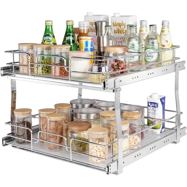 VEVOR 2 Tier 19"W x 20"D Pull Out Cabinet Organizer, Heavy Duty Slide Out Pantry Shelves, Chrome-Plated Steel Roll Out Drawers, Sliding Drawer