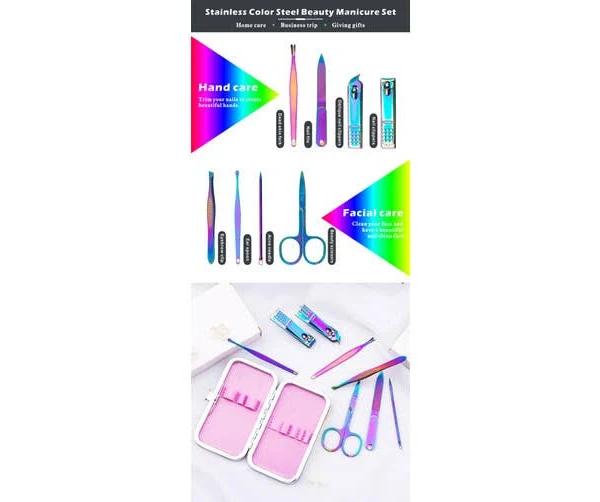 8pcs Rainbow Stainless Steel Nail Clippers Set Professional Scissors Suit With Box Trimmer Grooming Manicure Cutter Kits