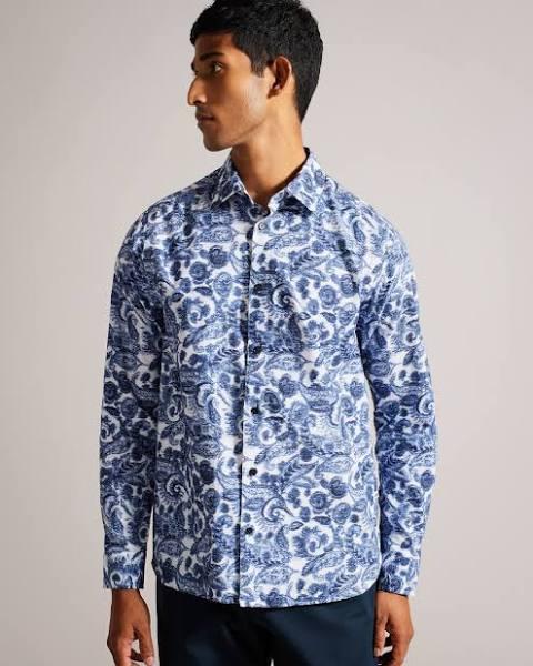 Ted Baker Men's Long Sleeve Paisley Shirt in White, Uldale, Cotton