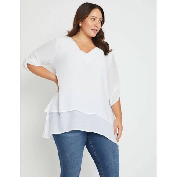 Beme V Neck Button Detail Woven Double Layer Tunic - Size 28 - Womens - White