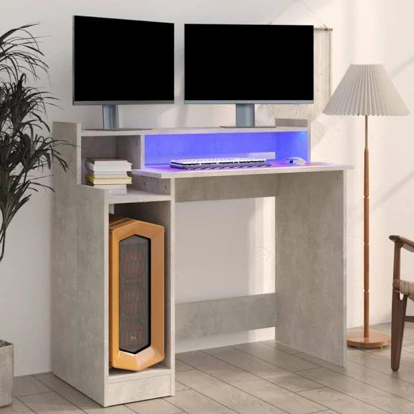 vidaXL Desk with LED Lights Concrete Grey 97x45x90 cm Engineered Wood