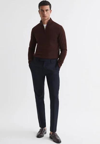 Reiss Blackhall - Bordeaux Merino Wool Zip Neck Jumper, S