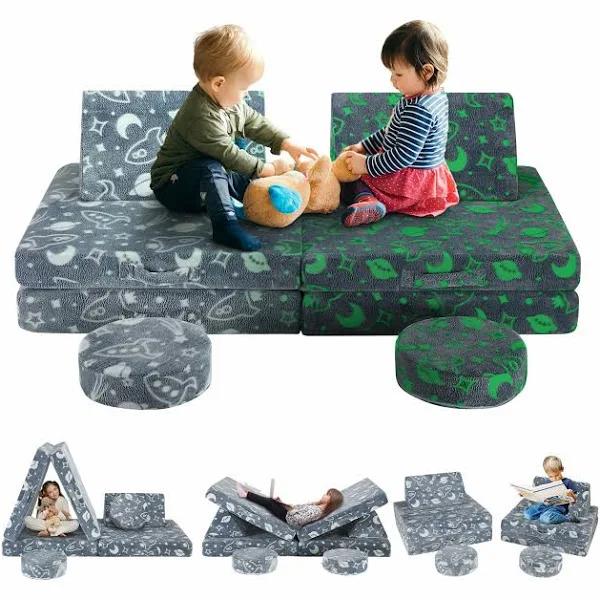 Kidbot Modular Kids Sofa Set 6pcs Play Couch Convertible Lounge Chair Folding Toddler Playset Sectional Cushion Glowing Cover