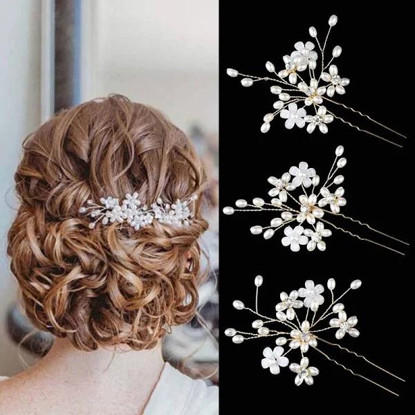 Sppry Wedding Hair Pins (3 Pcs) Elegant Pearl Floral Crystal Hair Accessories for Bridal Women (Gold)