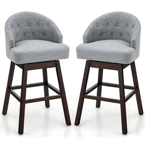 Giantex 2x Swivel Bar Stools Fabric Bar Height Pub Chairs w/Rubber Wood Legs Kitchen Cafe Dining Grey